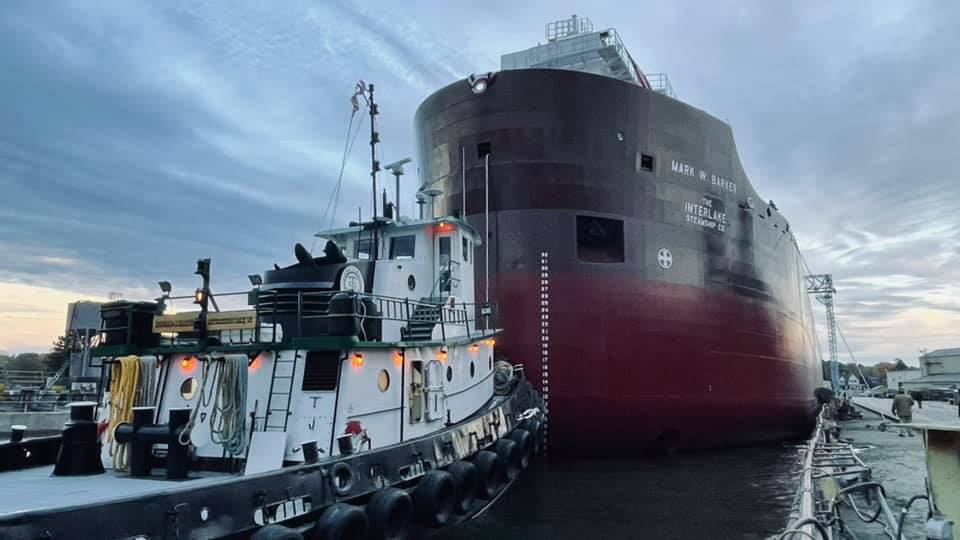 The Mark W. Barker was in the water for the first time Thursday following a launch ceremony in Sturgeon Bay. Photo courtesy Interlake Steamship Company