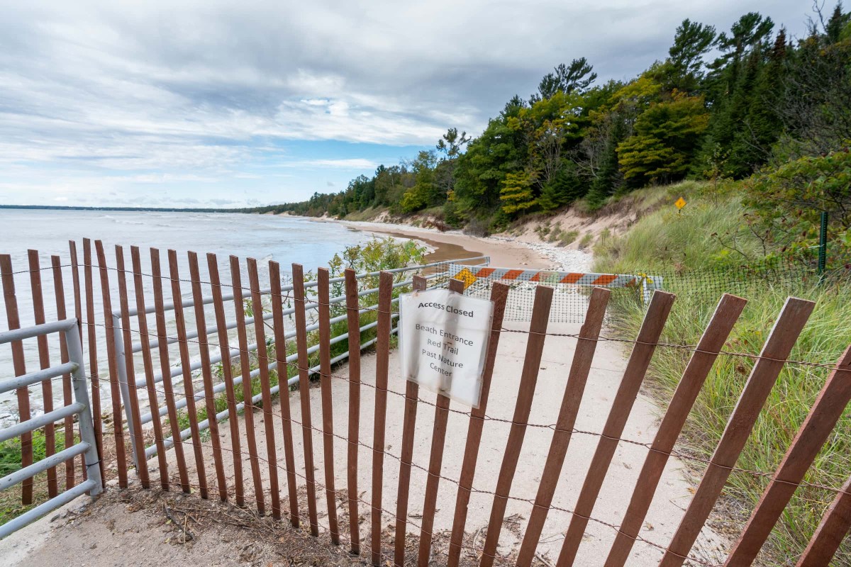 High water and a closed boardwalk are seen at Whitefish Dunes State Park in Door County, Wis., on Sept. 23, 2021. Lake Michigan’s high waters in recent years have limited beach access and damaged amenities at state parks along the shoreline. Brett Kosmider / Door County Pulse