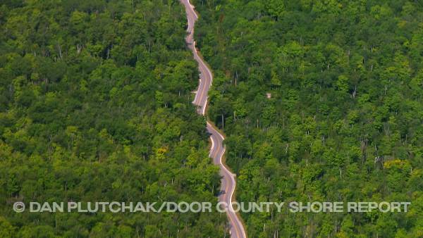 Wisconsin Highway 42, the Jens Jensen 'windy road' to Northport from the air. Commercial, stock and fine-art photography by Dan Plutchak/Door County Shore Report.