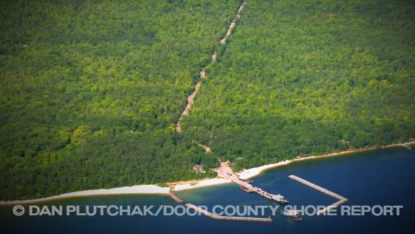 Wisconsin Highway 42, the Jens Jensen 'windy road' to the Washington Island Ferry Line terminal from the air. Commercial, stock and fine-art photography by Dan Plutchak/Door County Shore Report.